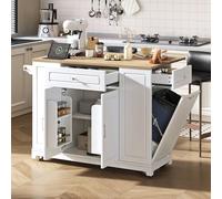 DUlVBPE Isola della cucina con ruote, zona pranzo allungabile, isola della cucina con cassetti multifunzione e vano porta rifiuti, mobile ideale per cucina e sala da pranzo (bianco)