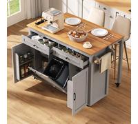DUlVBPE Isola della cucina su rotelle, zona pranzo allungabile, isola della cucina con piano di lavoro e vano contenitore per rifiuti, mobile autoportante con prese, ideale per cucina e sala da pranzo