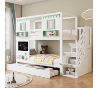 DUlVBPE Lettino a castello, culla con piccola area forata + 5 ganci in legno in dotazione, due cassetti, con armadietto per scale, pino + MDF + compensato, bianco+verde, 90 x 200 cm