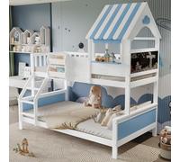 DUlVBPE Lettino a castello, culla con vano portaoggetti, con scala obliqua a tre livelli, forma unica finestra, lavagna graffiti sul lato, in pino + MDF, bianco + blu, 90 x 200 cm e 120 x 200 cm