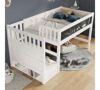 DUlVBPE Lettino a soppalco con lavagna e lavagna, stoccaggio e protezione dalle cadute, 90 x 200 cm, bianco letto a soppalco per bambini, rete a doghe bianche (senza materasso)