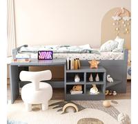 DUlVBPE Lettino per bambini 90 x 200 cm, con vano portaoggetti scrivania con prese secondo la norma europea, letto singolo in legno, grigio