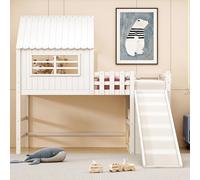 DUlVBPE Lettino per bambini, 90 x 200 cm, design sottotetto con scala di sicurezza e scivolo di sicurezza, a più piani, in legno massiccio, letto singolo, letto a soppalco, bianco