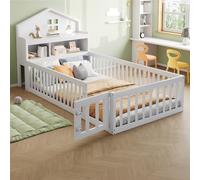 DUlVBPE Lettino per bambini 90 x 200 cm, in legno massiccio, con mensole e vano portaoggetti, con griglia di protezione e porta, con listello per quadri, con rete a doghe, colore: bianco