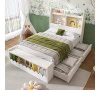 DUlVBPE Lettino singolo con cassetti, ripiano e panchina con vano portaoggetti, letto in legno 90 x 190 cm, struttura del letto e rete a doghe in legno, bianco con rovere (senza materasso)