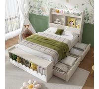 DUlVBPE Lettino singolo con cassetti, ripiano e panchina con vano portaoggetti, letto in legno 90 x 200 cm, struttura del letto e rete a doghe in legno, bianco con rovere (senza materasso)