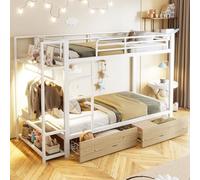 DUlVBPE Letto a castello, 90 x 200 cm, telaio in ferro, 2 cassetti, più ripiani, con striscia luminosa a LED, con asta appendiabiti, materasso non incluso, bianco