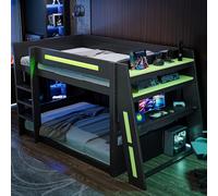 DUlVBPE Letto a castello da gioco in legno, 140 x 200 cm, con scrivania, due scomparti, porta USB e illuminazione a LED, nero e verde