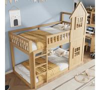 DUlVBPE Letto a castello, letto per bambini, 2 finestre squisite, bellissime forme di casa, scala a tre gradini, recinzione su tutti i lati, pino + MDF, naturale, 90 x 200 cm