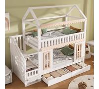 DUlVBPE Letto a castello, letto per bambini, a forma di casa, armadio laterale con scala, 2 cassetti, finestre decorative in legno e modanature, pino + MDF, bianco + naturale, 90 x 200 cm