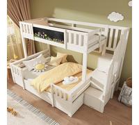 DUlVBPE Letto a castello per 3 bambini, 90 x 200 e 140 x 200 cm, in legno massello con lavagna, scala di archiviazione, cassetti e cabinet scaletta, letto a soppalco/letto a castello, letto per