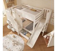 DUlVBPE Letto a castello per bambini 90 × 200 cm con scivolo, cabina scaletta, grandi cassetti e scaffalatura aperta, bianco, rete a doghe, sicurezza EN747-1:2024, ideale per famiglie con più bambini