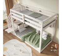 DUlVBPE Letto a castello per bambini, 90 x 200 cm, bianco, con armadietto per scale e ripostiglio, in legno, salvaspazio, per fratelli, con ringhiere di sicurezza e ripiani, senza materasso