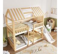 DUlVBPE Letto a castello per bambini, 90 x 200 cm, con tetto a capanna bianco e naturale, letto a soppalco con ripiano e scivolo da 35 cm, ascesa sicura, ideale per famiglie con due bambini, EN 747