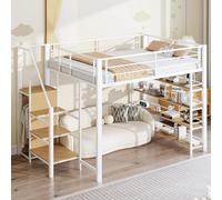 DUlVBPE Letto a soppalco 140 x 200 cm, con scala di sicurezza, vano portaoggetti e piccolo armadio, ripiani, design a recinzione, letto singolo, letto per ragazzi, bianco