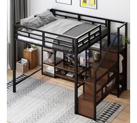 DUlVBPE Letto a soppalco 140 x 200 cm, con supporto TV, presa e scala di sicurezza, combinazione stabile in metallo e legno, moderno letto a castello salvaspazio per bambini, con pratico vano