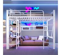 DUlVBPE Letto a soppalco 140 x 200 cm, telaio in ferro, vano portaoggetti, rete per appendere oggetti, con asta appendiabiti, spazio aperto sotto il letto, con barra luminosa a LED, senza materasso