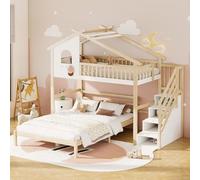 DUlVBPE Letto a soppalco, 90 x 200 cm, griglia per il letto, scaletta per il ripostiglio, finestra, listello, 140 x 200 cm, bianco e naturale