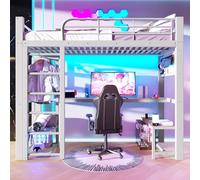 DUlVBPE Letto a soppalco, 90 x 200 cm, in metallo, griglia per appendere oggetti, con barra luminosa a LED, strutture per scale con vano portaoggetti, senza materasso, bianco