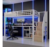 DUlVBPE Letto a soppalco, 90 x 200 cm, struttura in metallo, armadio a scale, vano portaoggetti, USB + tipo C, barra luminosa LED, senza materasso, bianco