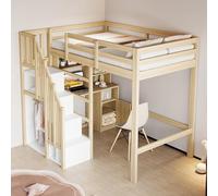 DUlVBPE Letto a soppalco 90 x 200 cm, tavolo da lavoro con mensole e armadi, scala di sicurezza con vano portaoggetti, letto singolo, letto per bambini, telaio in legno massello, colore legno