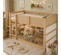DUlVBPE Letto a soppalco a castello, letto per bambini, scala a tre gradini, con ripiano e barra luminosa a LED, recinzione su tutti i lati, pino + MDF + intreccio sintetico, naturale + bianco, 90 x