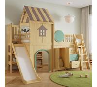 DUlVBPE Letto a soppalco con scivolo, letto a castello, letto per bambini, design a casa, scala a tre gradini, con ripiani, cassettiera e guardaroba, pino + MDF, naturale + verde, 90 x 200 cm