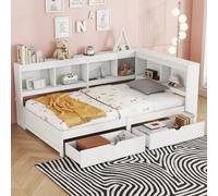 DUlVBPE Letto Giorno 90 x 200 cm, Divano Letto Letto con Due Cassetti Con Presa e 2 Porte USB, Letto con Rete a doghe (senza materasso), Truciolare, Bianco