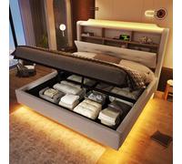 DUlVBPE Letto imbottito 140 × 200 cm, con striscia luminosa a LED, vano portaoggetti idraulico, design galleggiante, materasso non incluso, porte USB e tipo C, tessuto di lino, beige
