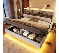 DUlVBPE Letto imbottito, 180 × 200 cm, con barra luminosa a LED, vano portaoggetti idraulico, design sospeso, materasso non incluso, porte USB e tipo C, tessuto di lino, beige