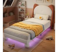 DUlVBPE Letto imbottito, letto singolo, letto per bambini, testa a orecchie di gatto, striscia luminosa a LED regolabile sotto il letto, doghe stabili, PU, beige + marrone giallo, 90 x 200 cm