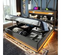 DUlVBPE Letto matrimoniale, 140 x 190 cm, testiera con porte USB e di tipo C, illuminazione a LED sull'estremità della testa e dei piedi del letto, con spazio idraulico, grigio, lino. (senza materasso