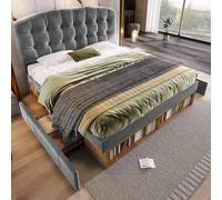 DUlVBPE Letto matrimoniale 140 x 200 cm imbottito in velluto grigio con rete a doghe, struttura del letto con testiera curva regolabile in altezza, letto con cassetti e vano portaoggetti, letto