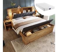 DUlVBPE Letto matrimoniale 160 x 200 cm Letto in legno con testiera pieghevole in tessuto di lino, spazio per riporre due comodini Panca da letto con spazio lampade da lettura con rete a doghe USB