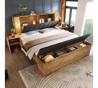 DUlVBPE Letto matrimoniale 160 x 200 cm Letto in legno con testiera pieghevole in tessuto di lino, spazio per riporre due comodini Panca da letto con spazio lampade da lettura con rete a doghe USB