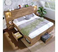 DUlVBPE Letto matrimoniale in legno, 180 x 200 cm, con luci LED e USB Type-C, nicchia illuminata, comodini sospesi, vano sotto il letto con cassetti, effetto rovere, senza materasso