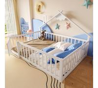 DUlVBPE Letto piano, 140 x 190 cm, lettino, listello, ringhiera con serratura, in legno di pino, bianco