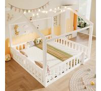 DUlVBPE Letto piano, 90 x 190 cm x 2/180 x 190 cm, culla con griglia, con perline LED, listello in legno di pino, senza materasso, stile minimalista, perline LED, bianco