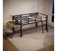 DUlVBPE Letto piano, 90 x 200 cm, letto in metallo, senza materasso, ringhiera, scala, scrivania, striscia luminosa a LED telecomandata, colore nero