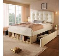 DUlVBPE Letto singolo 90 x 200 cm imbottito in velluto beige con rete a doghe, struttura del letto con testiera curva regolabile in altezza, letto con cassetti e vano portaoggetti, letto per ragazzi