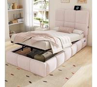 DUlVBPE Letto singolo imbottito, 90 x 200 cm, letto funzionale idraulico, letto con rete a doghe, testiera, ampio spazio e porta di ricarica USB, testiera imbottita, velluto, rosa