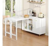 DUlVBPE Moderna credenza bianca a buffet con piano pieghevole ed estensibile, superficie girevole, gambe in metallo dorato, porte scorrevoli in vetro e motivo ondulato, perfetta per sala da pranzo e