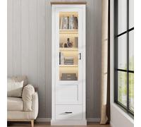 DUlVBPE Moderna vetrina a LED bianca opaca, 178 cm, con porta USB, telecomando a 16 colori, con decorazione in legno, armadietto alto in acrilico con cassetto, armadietto a 5 scomparti