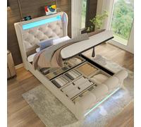 DUlVBPE Moderno letto imbottito singolo 90 x 200 cm, letto imbottito con luci a LED, testiera con porte USB e di tipo C, letto di stoccaggio idraulico, beige, velluto (senza materasso)