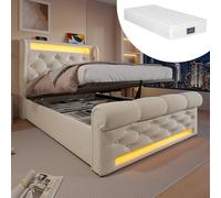 DUlVBPE Moderno letto imbottito singolo 90 x 200 cm, letto imbottito con luci a LED, testiera con porte USB e tipo C, letto idraulico per riporre oggetti, beige, velluto (con materasso)