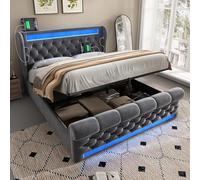 DUlVBPE Moderno letto matrimoniale imbottito, 140 x 190 cm, letto imbottito con luci a LED, testiera con porte USB e di tipo C, letto idraulico, grigio, velluto (senza materasso)