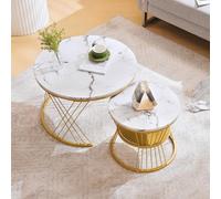 DUlVBPE Moderno tavolo da caffè Nesting lucido set tavolino,Marmo impiallacciato divano lato nido di tavoli Tavoli Tavoli finali rotondi, Set di 2, Cornice di colore dorato