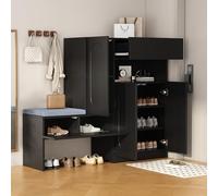 DUlVBPE Scarpiera alla moda 2 in 1 con ante curve, porta pieghevole con funzione soft close, scomparti regolabili in altezza e panca imbottita, colore nero, 130 x 35 x 110 cm