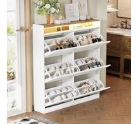 DUlVBPE Scarpiera moderna con 6 scomparti a LED, due scomparti aperti, adatta per ingresso o corridoio, bianco e naturale, dimensioni: B120/H130/P24 cm