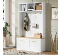 DUlVBPE Set appendiabiti con panchina, spazio aperto e 2 ante - guardaroba compatto con 4 ganci, colore naturale e bianco, dimensioni 105 × 40 × 180 cm